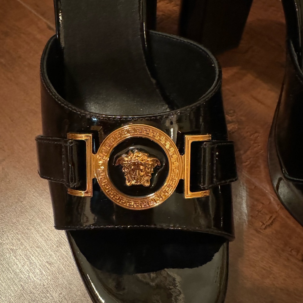 Authentic Versace Logo Platform Sandals Black Pat… - image 7